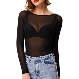 🆕Women's Black Mesh Long Sleeve Sexy Sheer Top Polyester Clubwear Blouse Tee